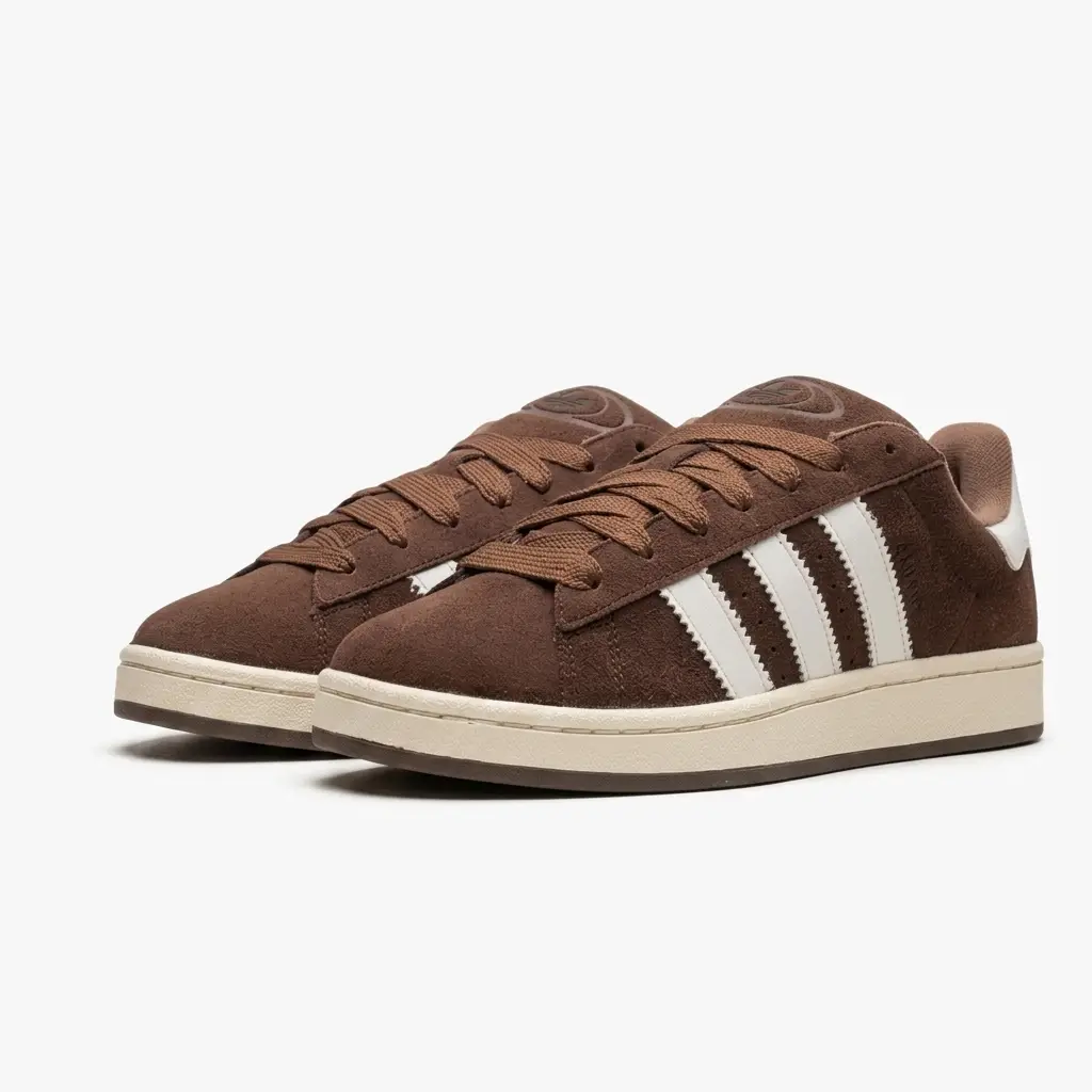 adidas campus brown front view vorax Vista lateral do Adidas Campus Brown com acabamento em camurça castanha e as icónicas três riscas Adidas.