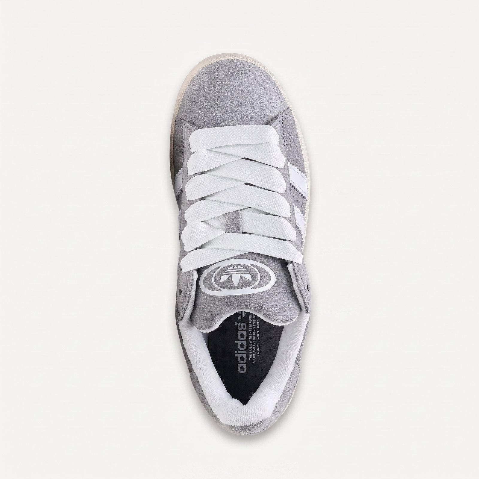 adidas campus grey vista de cima vorax Adidas Campus Grey em camurça premium cinzenta com design clássico Adidas Originals e sola de borracha resistente.