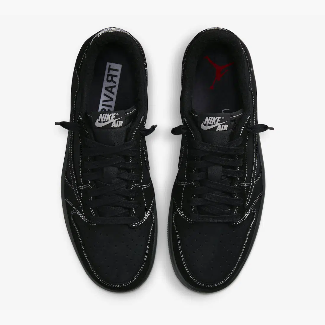 air jordan 1 low travis scott black phantom vista superior Air Jordan 1 Low x Travis Scott Black Phantom vista de cima com logo Cactus Jack invertido e Jumpman vermelho