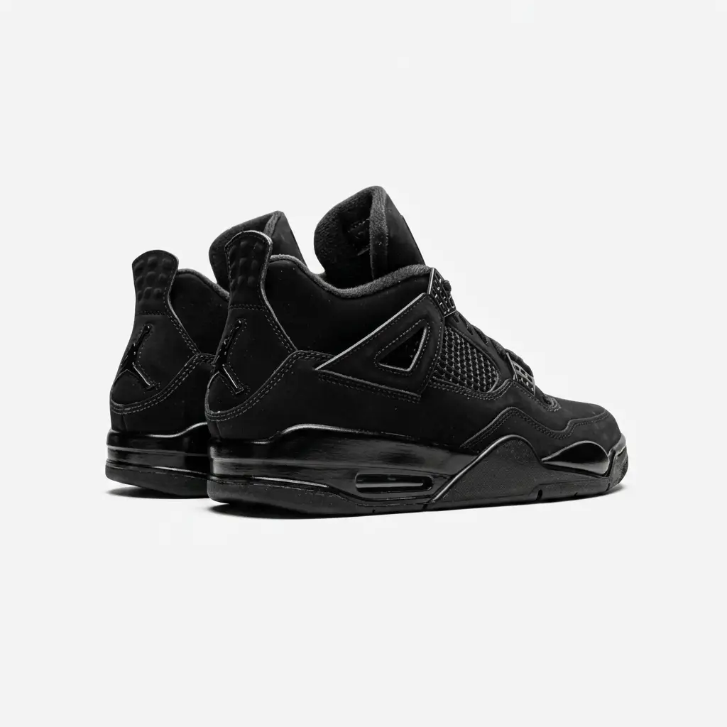 air jordan 4 black cat back view vorax Air Jordan 4 Black Cat original com amortecimento Nike Air e visual monocromático elegante.