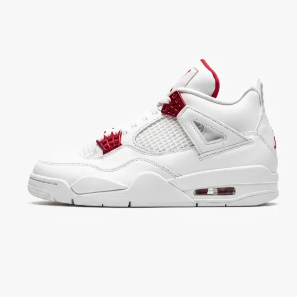 Air Jordan 4 Retro Metallic Red em pele branca premium com detalhes Metallic Red e tecnologia Nike Air.