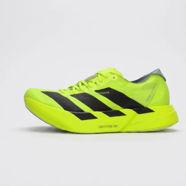 Adidas Adizero Adios Pro 4 Lucid Lemon vista lateral exterior.