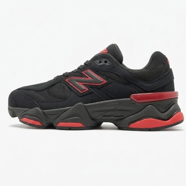 New Balance 9060 Bred em camurça premium preta e vermelha com tecnologia ABZORB® e design futurista.