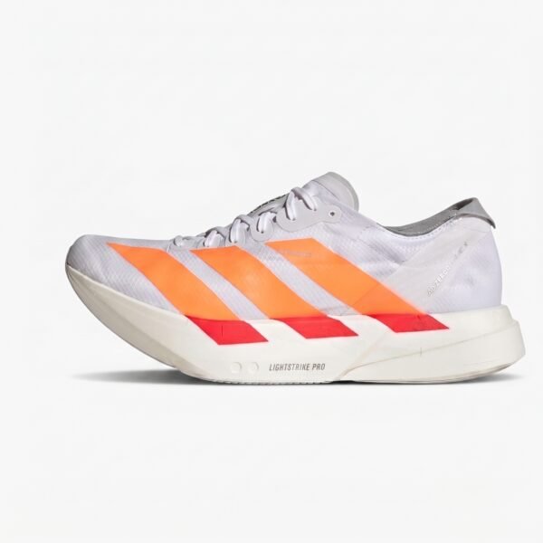 Adidas Adizero Adios Pro Cloud White Lucid Orange Lucid Red vista lateral exterior.