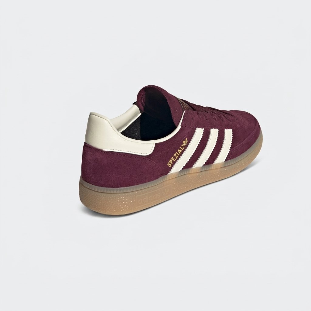 Vista lateral do Adidas Spezial Shadow Maroon com acabamento em camurça bordô e as icónicas três riscas Adidas. Vista lateral do Adidas Spezial Shadow Maroon com acabamento em camurça bordô e as icónicas três riscas Adidas.