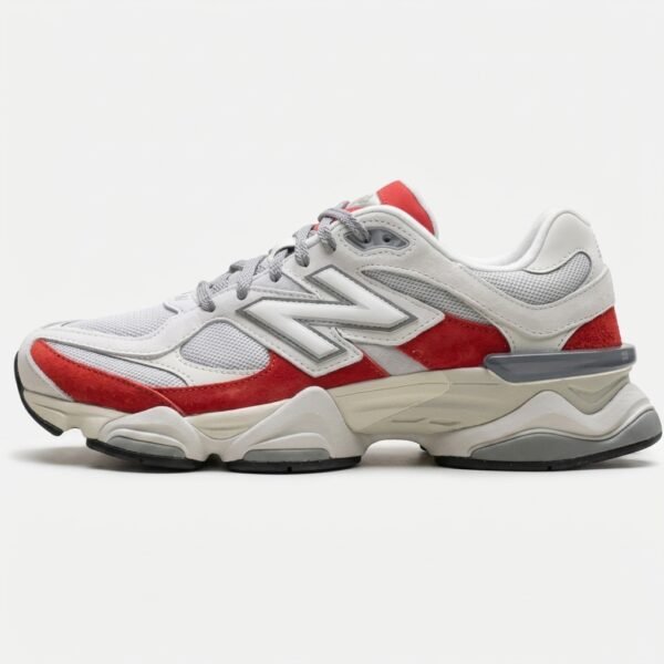New Balance 9060 White Red em camurça premium e mesh respirável com tecnologia ABZORB®.