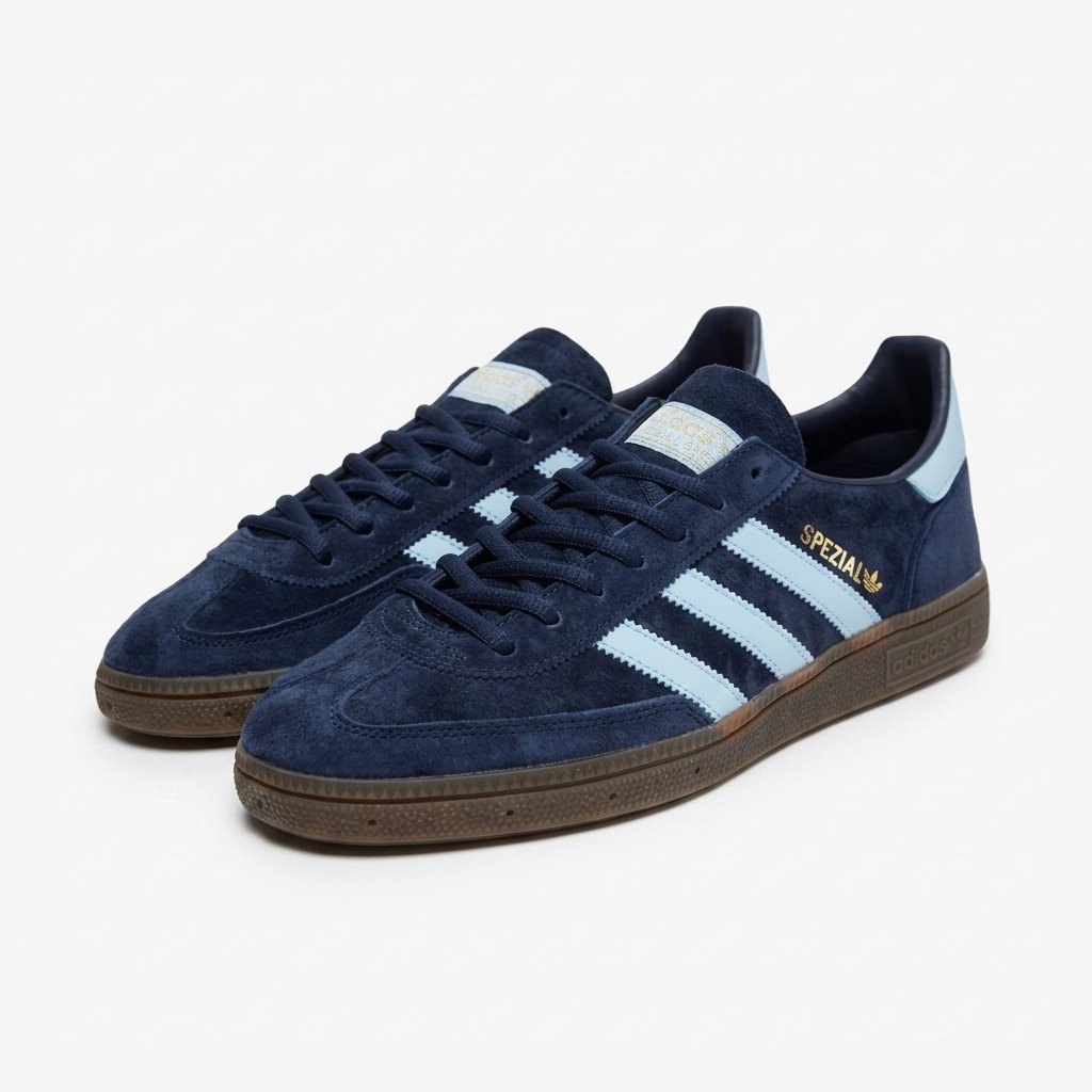Vista lateral do Adidas Spezial Navy com acabamento em camurça azul-marinho e as icónicas três riscas Adidas. Vista lateral do Adidas Spezial Navy com acabamento em camurça azul-marinho e as icónicas três riscas Adidas.