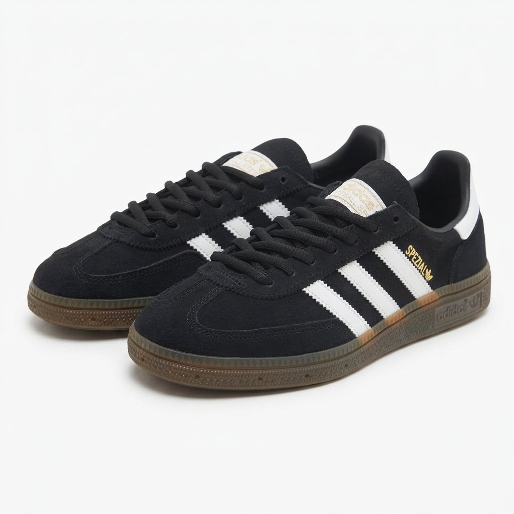 Vista lateral do Adidas Spezial Black com acabamento em camurça preta e as icónicas três riscas Adidas. Vista lateral do Adidas Spezial Black com acabamento em camurça preta e as icónicas três riscas Adidas.