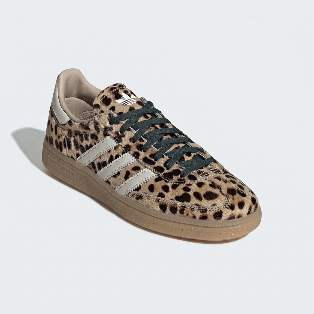 O padrão leopardo que transforma um ícone da Adidas Originals. Vista lateral do Adidas Spezial Leopard Print com design exclusivo, logótipo Spezial dourado e três riscas Adidas.