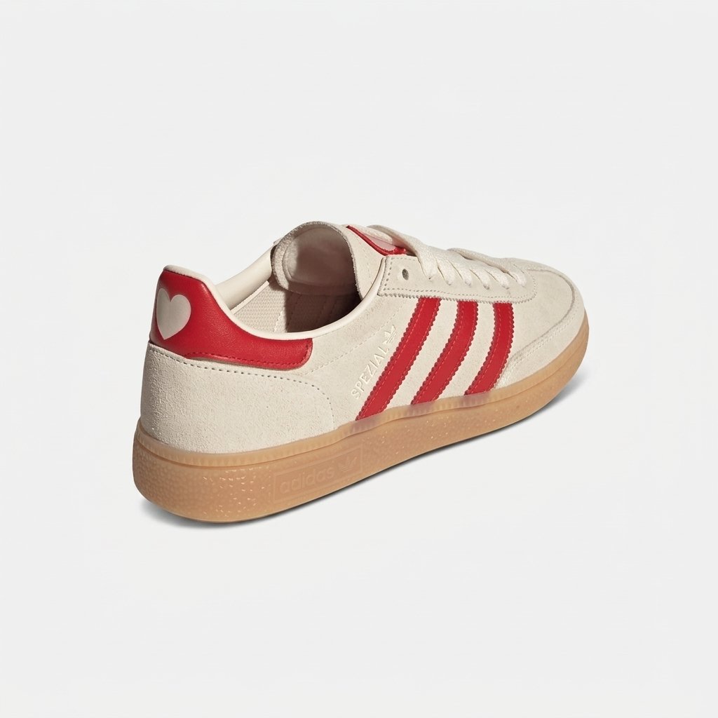 Vista lateral do Adidas Spezial Valentine's Day com detalhes exclusivos e as icónicas três riscas Adidas Originals. Vista lateral do Adidas Spezial Valentine's Day com detalhes exclusivos e as icónicas três riscas Adidas Originals.