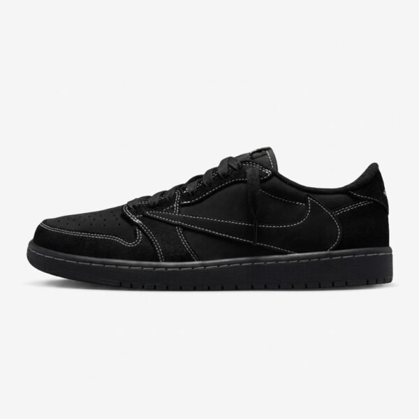 Air Jordan 1 Low SP Travis Scott Black Phantom em camurça premium preta com Swoosh invertido e tecnologia Nike Air.