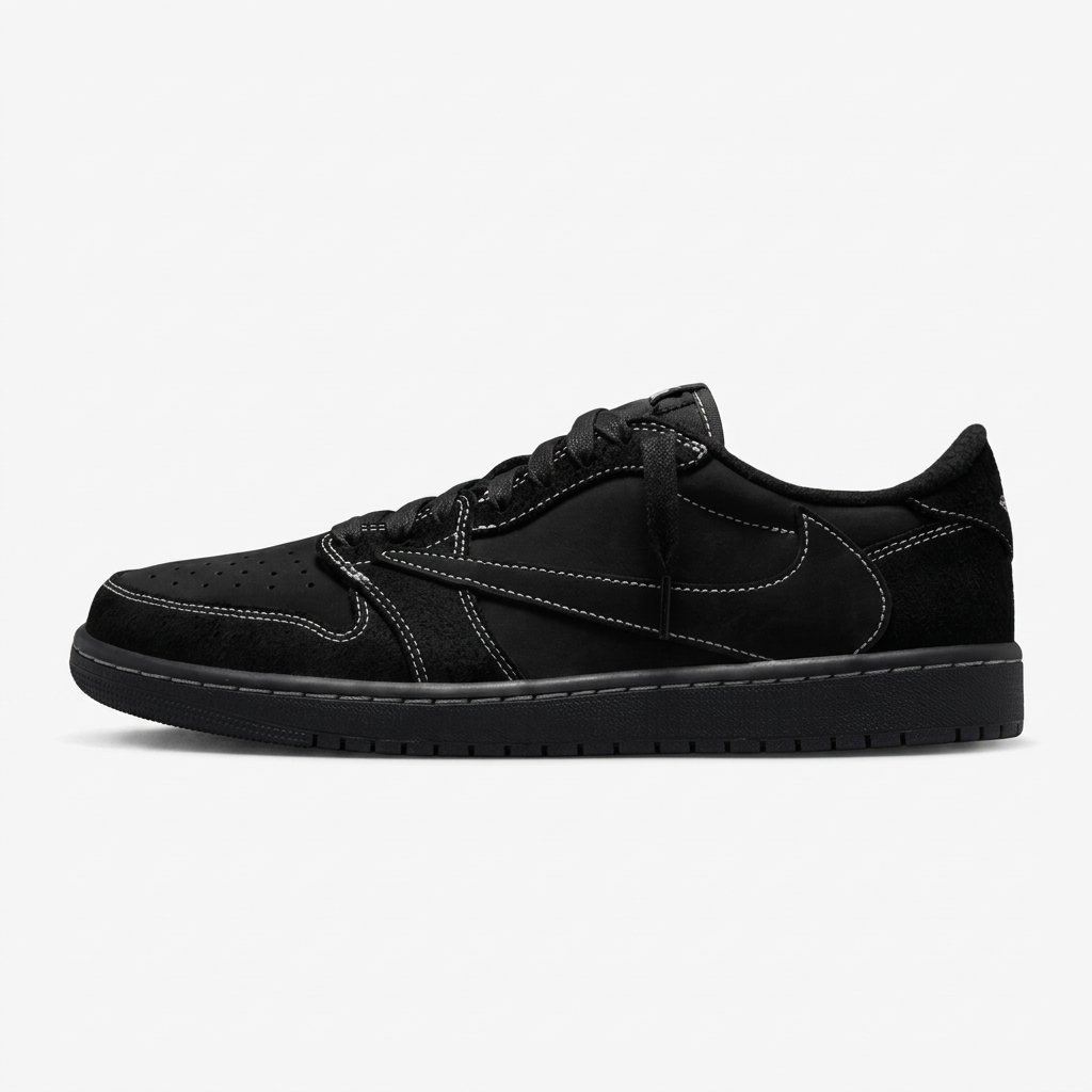 Air Jordan 1 Low SP Travis Scott Black Phantom em camurça premium preta com Swoosh invertido e tecnologia Nike Air. Air Jordan 1 Low SP Travis Scott Black Phantom em camurça premium preta com Swoosh invertido e tecnologia Nike Air.