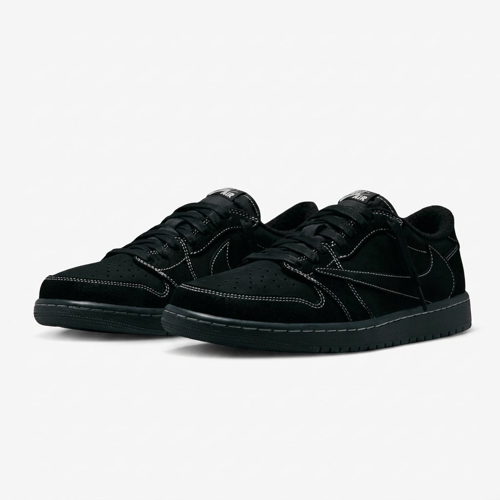 Vista lateral do Air Jordan 1 Low Travis Scott Black Phantom com acabamento totalmente preto e detalhes exclusivos. Vista lateral do Air Jordan 1 Low Travis Scott Black Phantom com acabamento totalmente preto e detalhes exclusivos.