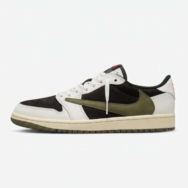 Jordan x Travis Scott Olive em camurça premium verde oliva com Swoosh invertido e tecnologia Nike Air.