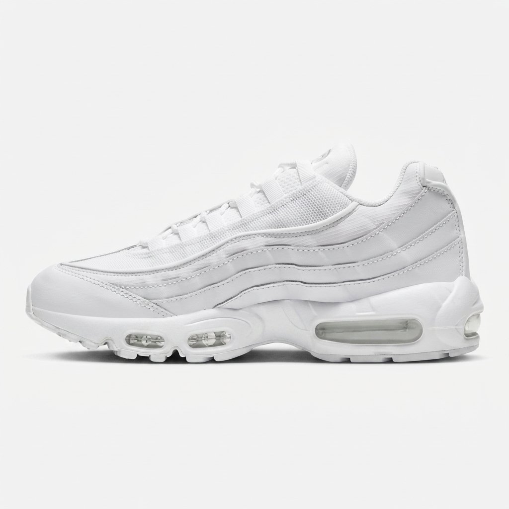 Nike Air Max 95 White – O clássico que nunca sai de moda. Nike Air Max 95 White em mesh respirável e couro premium com amortecimento Nike Air visível.