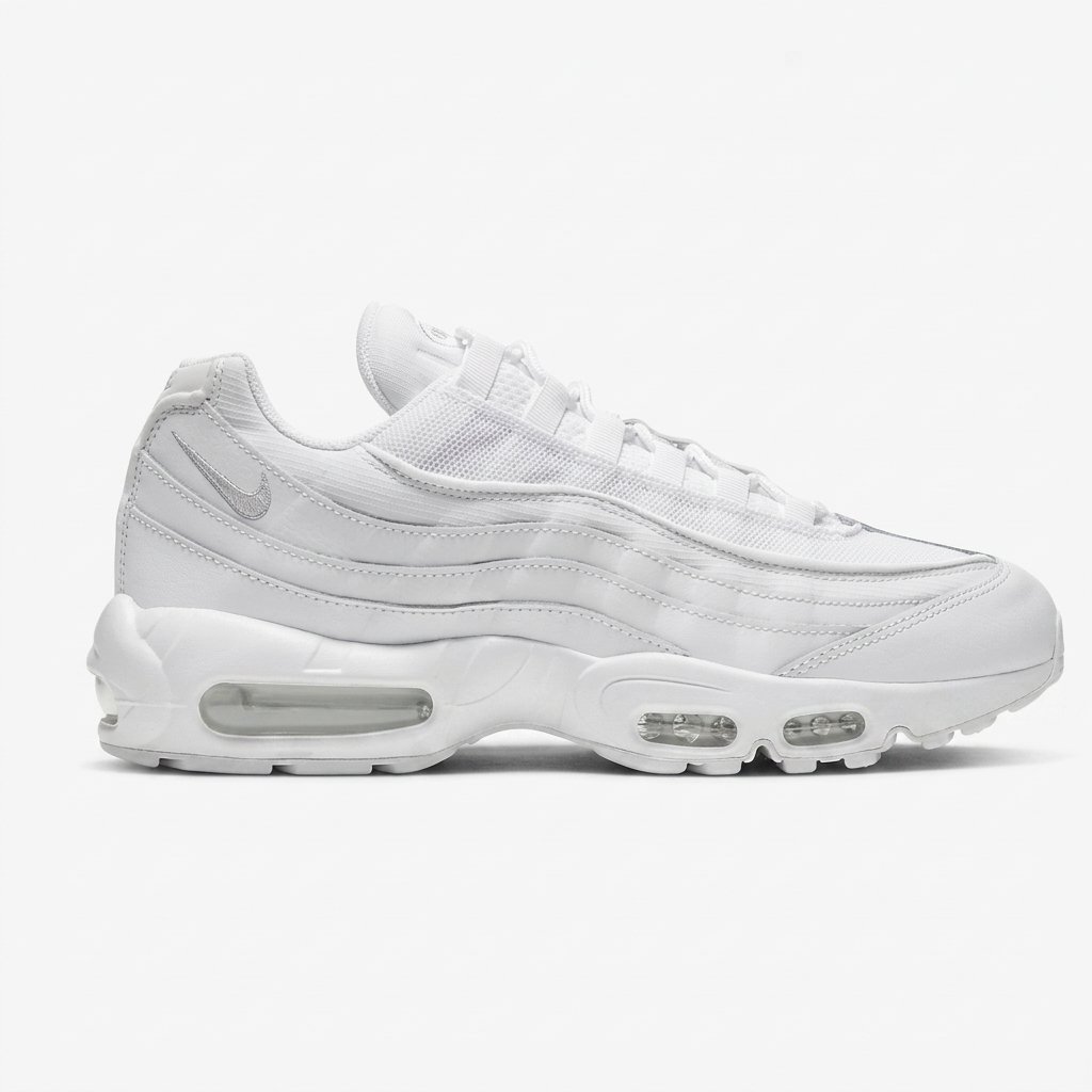 Vista lateral do Nike Air Max 95 White com design clássico e sola de borracha resistente. Vista lateral do Nike Air Max 95 White com design clássico e sola de borracha resistente.