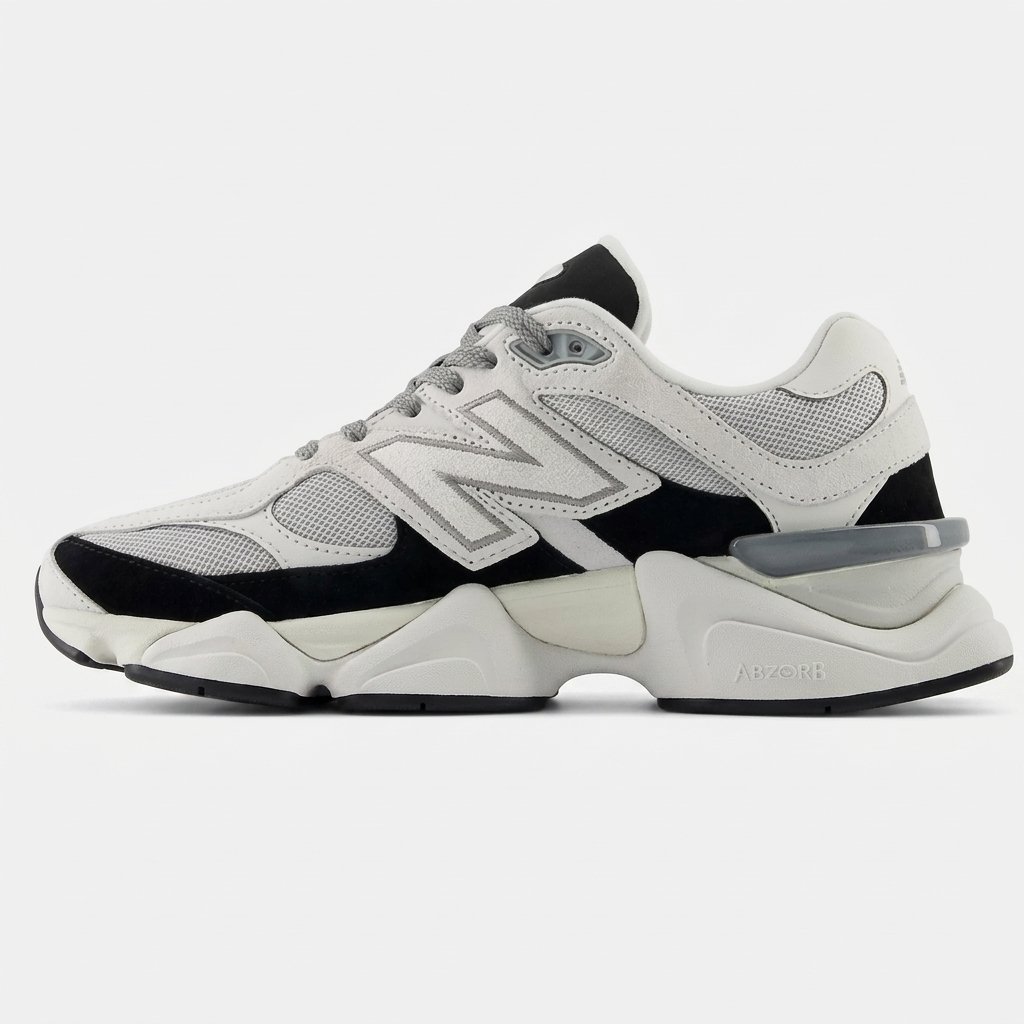 New Balance 9060 Jet Black White – O clássico reinventado para a nova geração. New Balance 9060 Jet Black White em camurça premium preta e branca com tecnologia ABZORB® e design futurista.