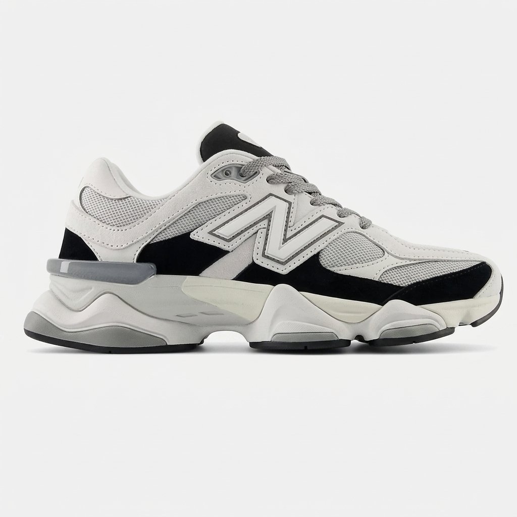 Vista lateral do New Balance 9060 Jet Black White com mesh respirável, sola robusta e amortecimento premium. Vista lateral do New Balance 9060 Jet Black White com mesh respirável, sola robusta e amortecimento premium.