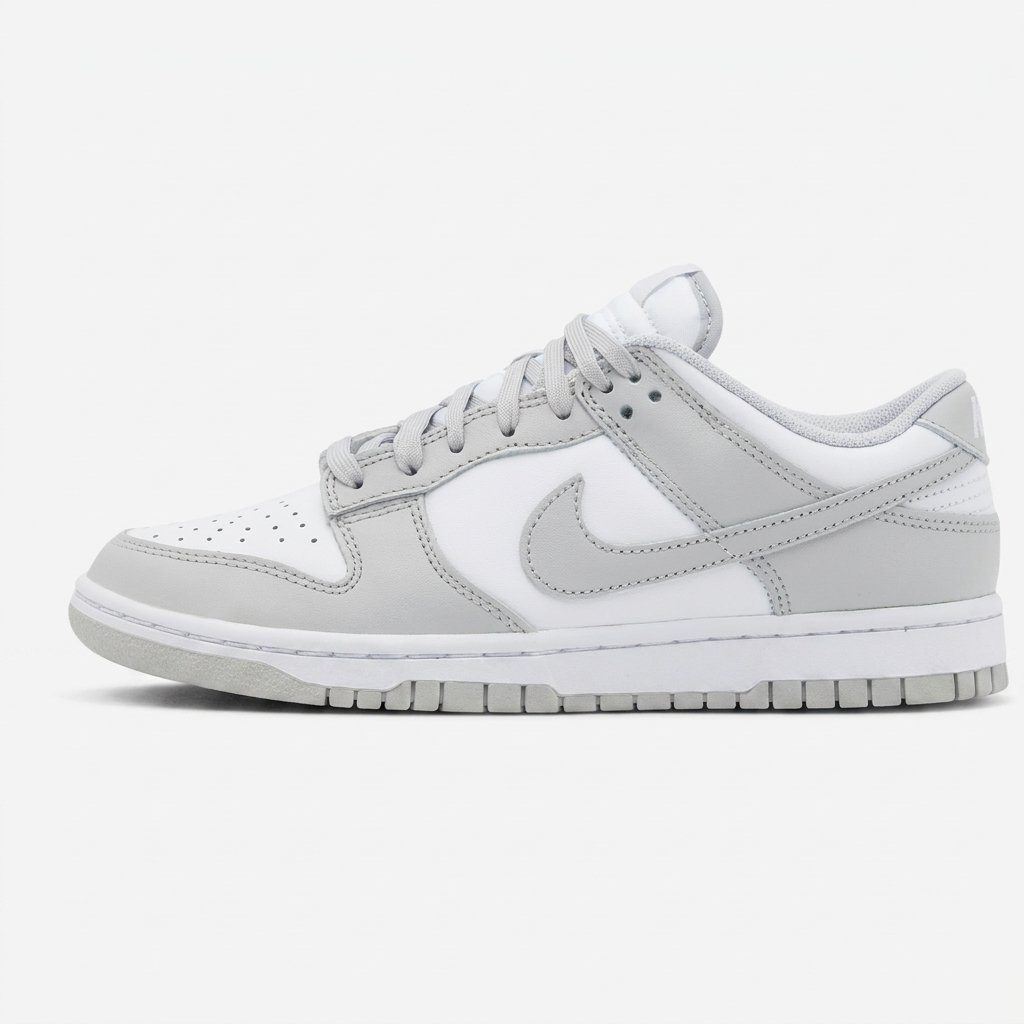 Vista lateral do Nike Dunk Grey Fog com colorway White Grey Fog e sola de borracha resistente. Vista lateral do Nike Dunk Grey Fog com colorway White Grey Fog e sola de borracha resistente.