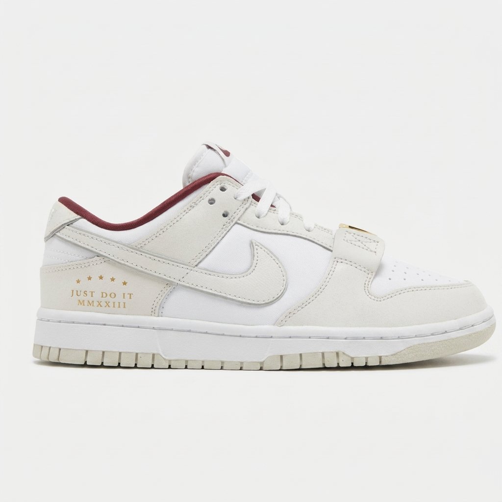 Vista lateral do Nike Dunk Just Do It com detalhes exclusivos Nike e sola de borracha resistente. Vista lateral do Nike Dunk Just Do It com detalhes exclusivos Nike e sola de borracha resistente.