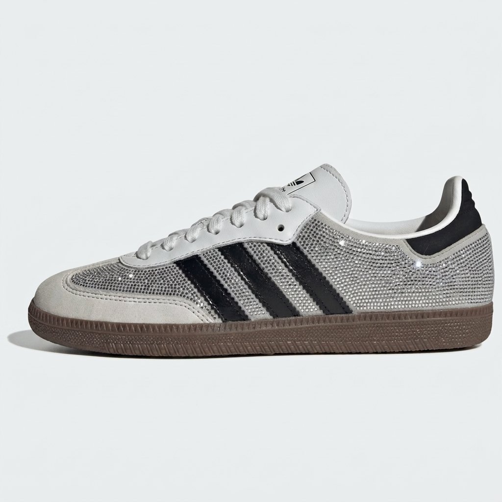 Adidas Samba Rhinestone White em pele branca premium com cristais brilhantes e sola de borracha natural. Adidas Samba Rhinestone White em pele branca premium com cristais brilhantes e sola de borracha natural.