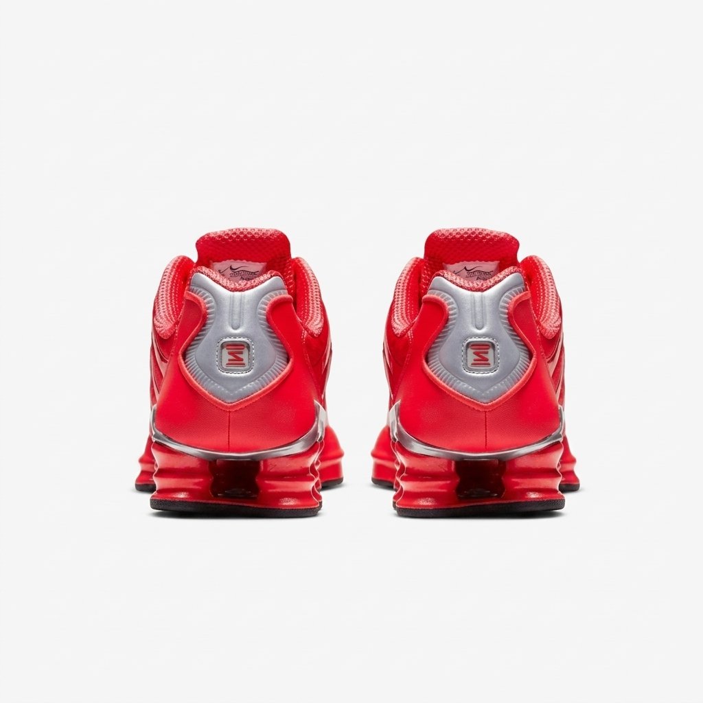 Vista lateral do Nike Shox TL Red com colunas Nike Shox e acabamento vermelho premium. Vista lateral do Nike Shox TL Red com colunas Nike Shox e acabamento vermelho premium.