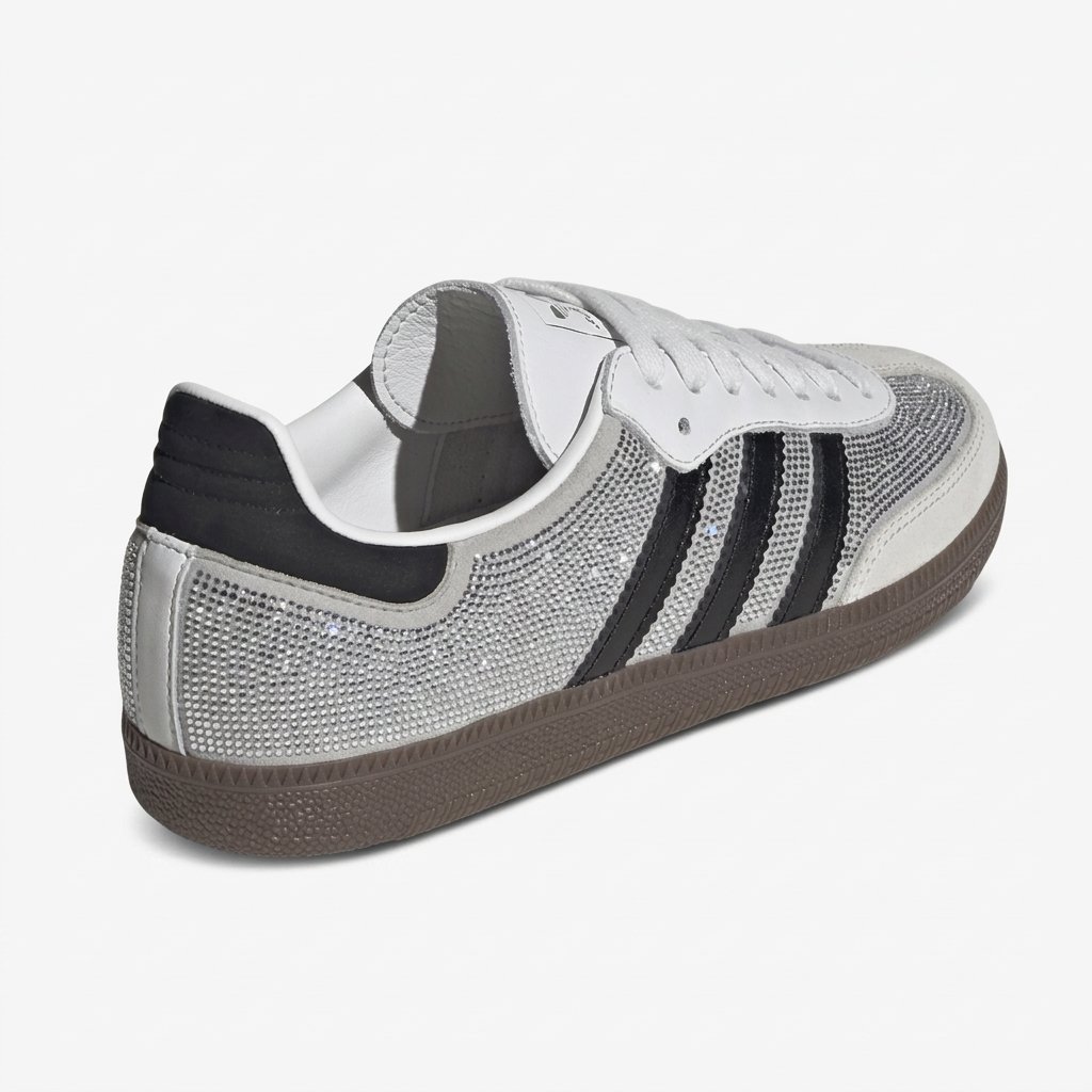 Vista lateral do Adidas Samba Rhinestone White com detalhes em rhinestones e design clássico Adidas Originals. Vista lateral do Adidas Samba Rhinestone White com detalhes em rhinestones e design clássico Adidas Originals.