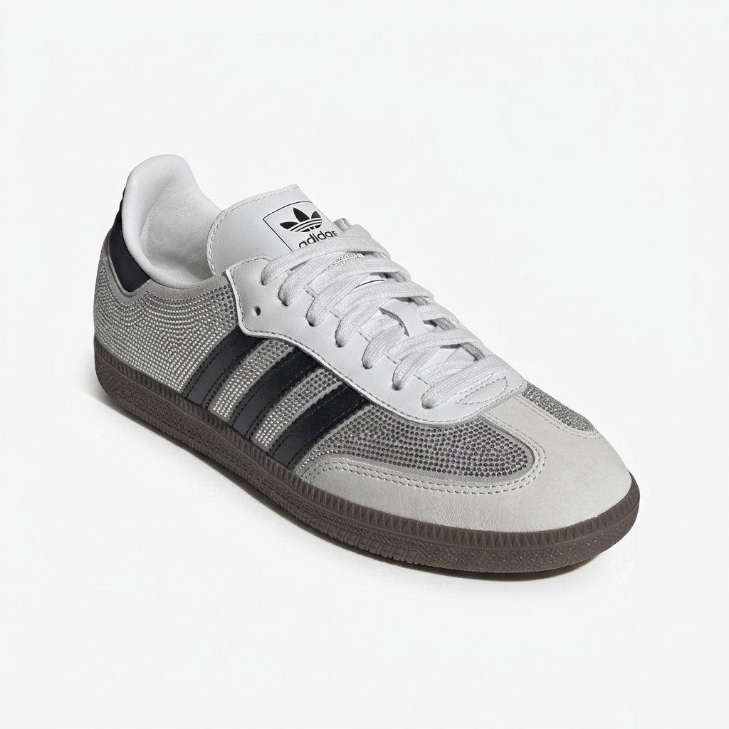 Ténis Adidas Samba Rhinestone White para homem com acabamento premium, biqueira em camurça e conforto superior. Ténis Adidas Samba Rhinestone White para homem com acabamento premium, biqueira em camurça e conforto superior.