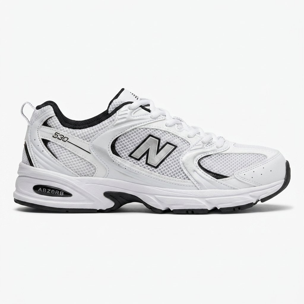 Design retro, conforto premium e tecnologia ABZORB®. Vista lateral do New Balance 530 White Black com design retro de running e sola de borracha resistente.