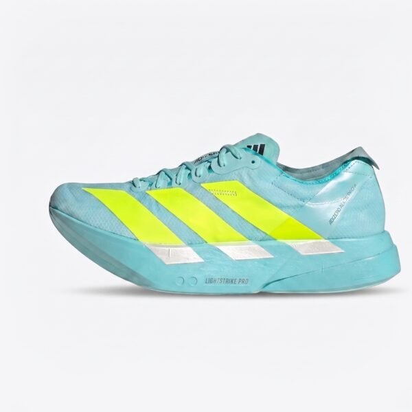 Adidas Adizero Adios Pro 4 Flash Aqua Lucid Lemon Mint Ton vista lateral exterior.