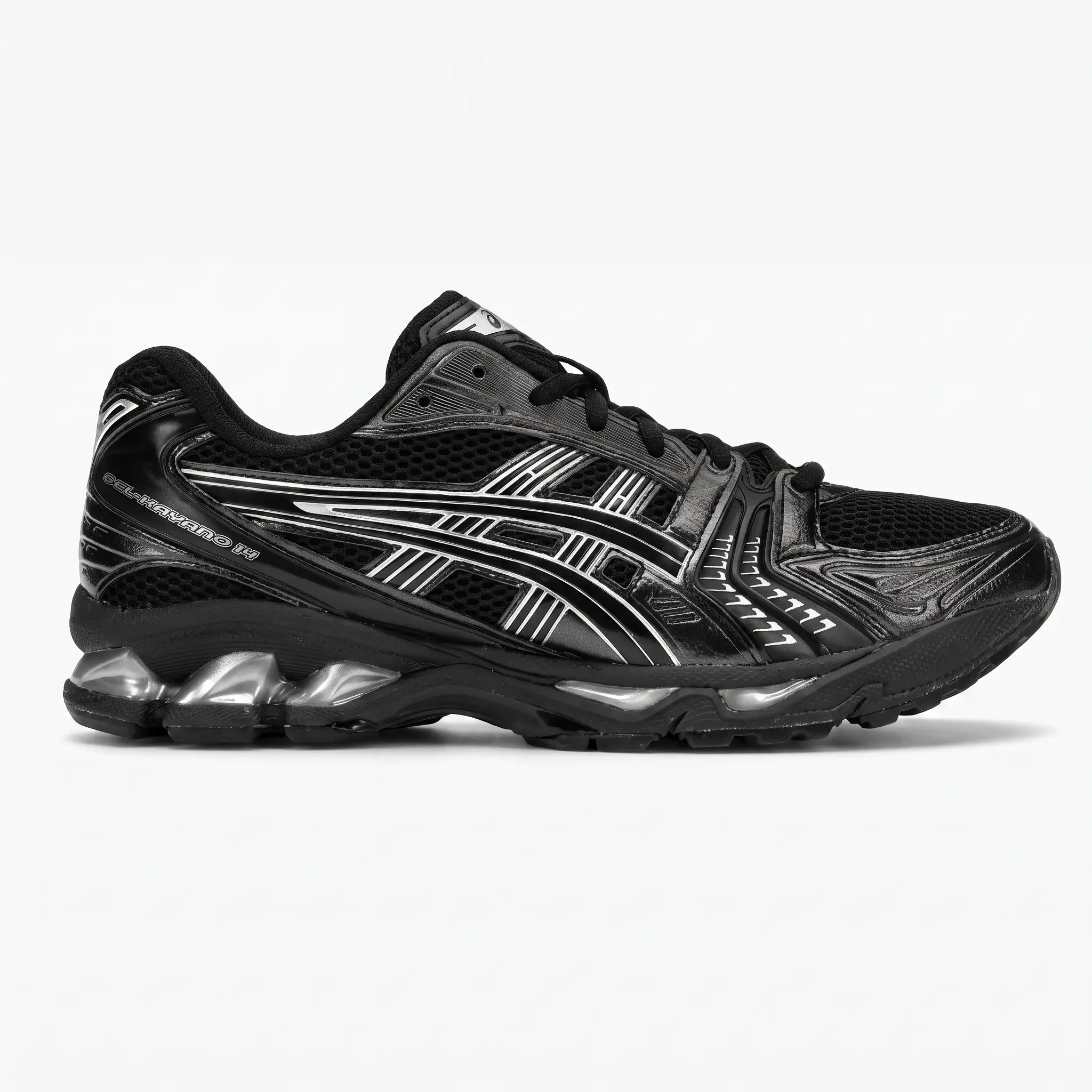 ASICS Gel-Kayano 14 Black Pure Silver – Vista Lateral Exterior ASICS Gel-Kayano 14 Black Pure Silver vista lateral exterior.