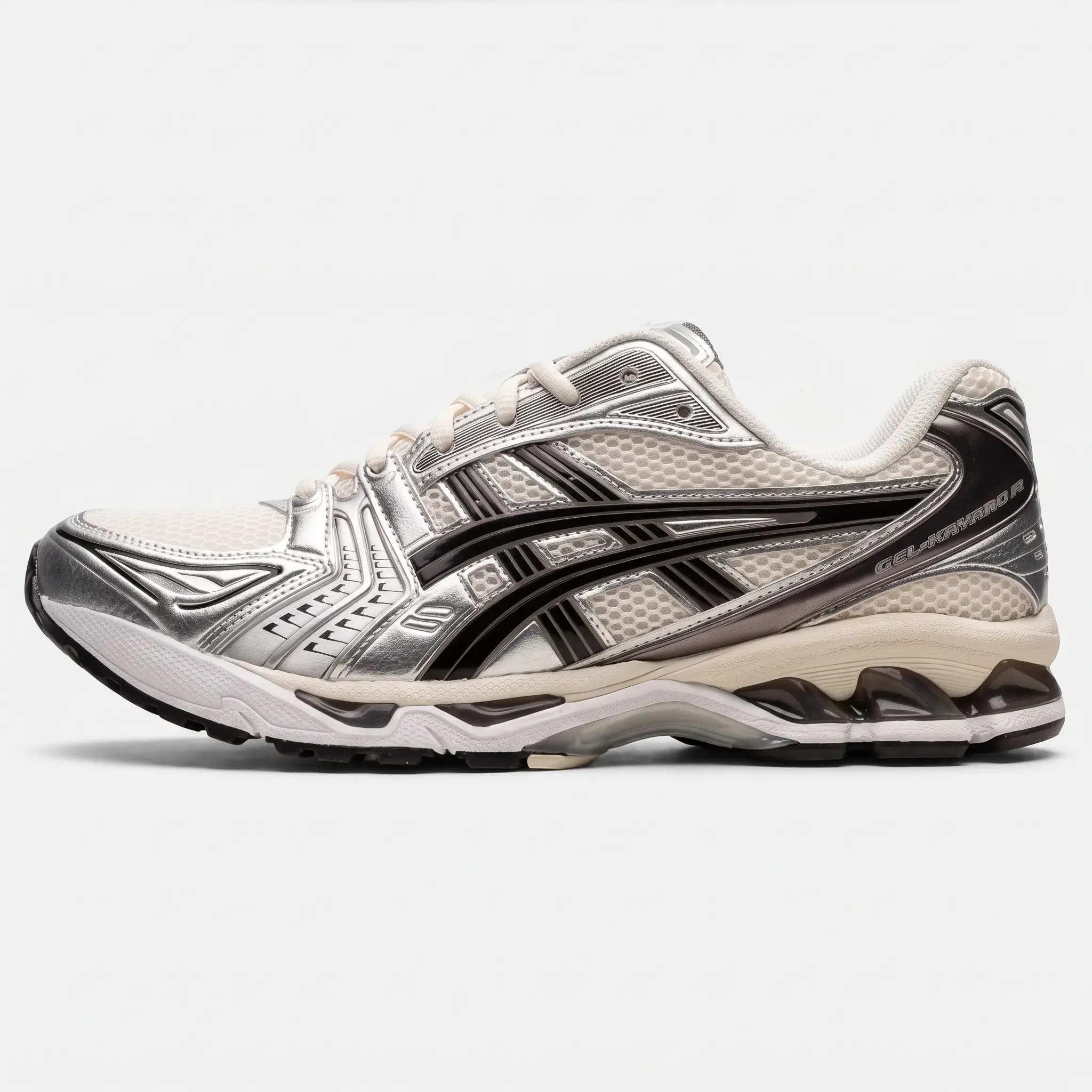 ASICS Gel-Kayano 14 Cream Black Metallic Plum – Vista Lateral Exterior ASICS Gel-Kayano 14 Cream Black Metallic Plum vista lateral exterior.