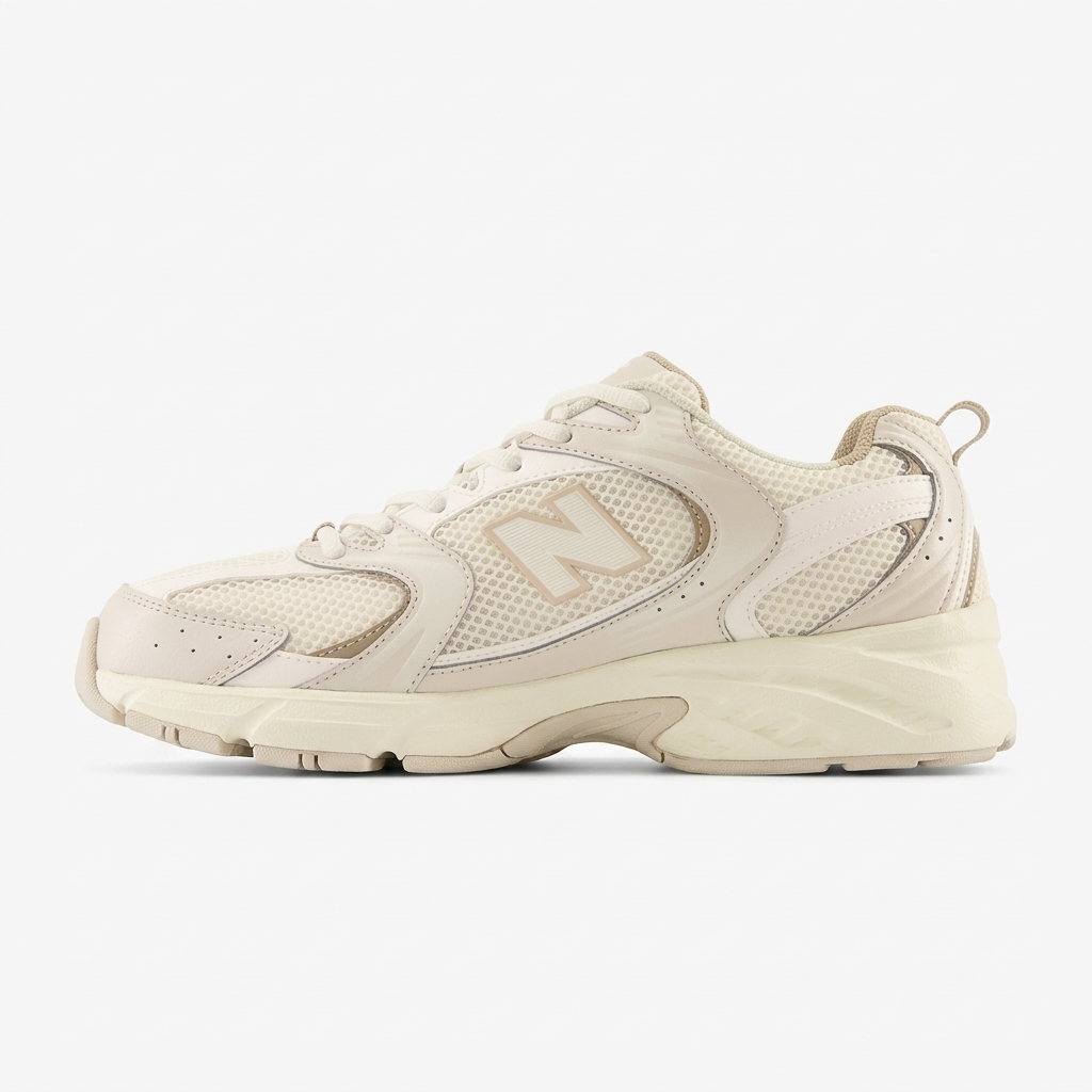New Balance 530 Beige — vista lateral geral New Balance 530 Beige, vista lateral completa com logótipo N e entressola ABZORB