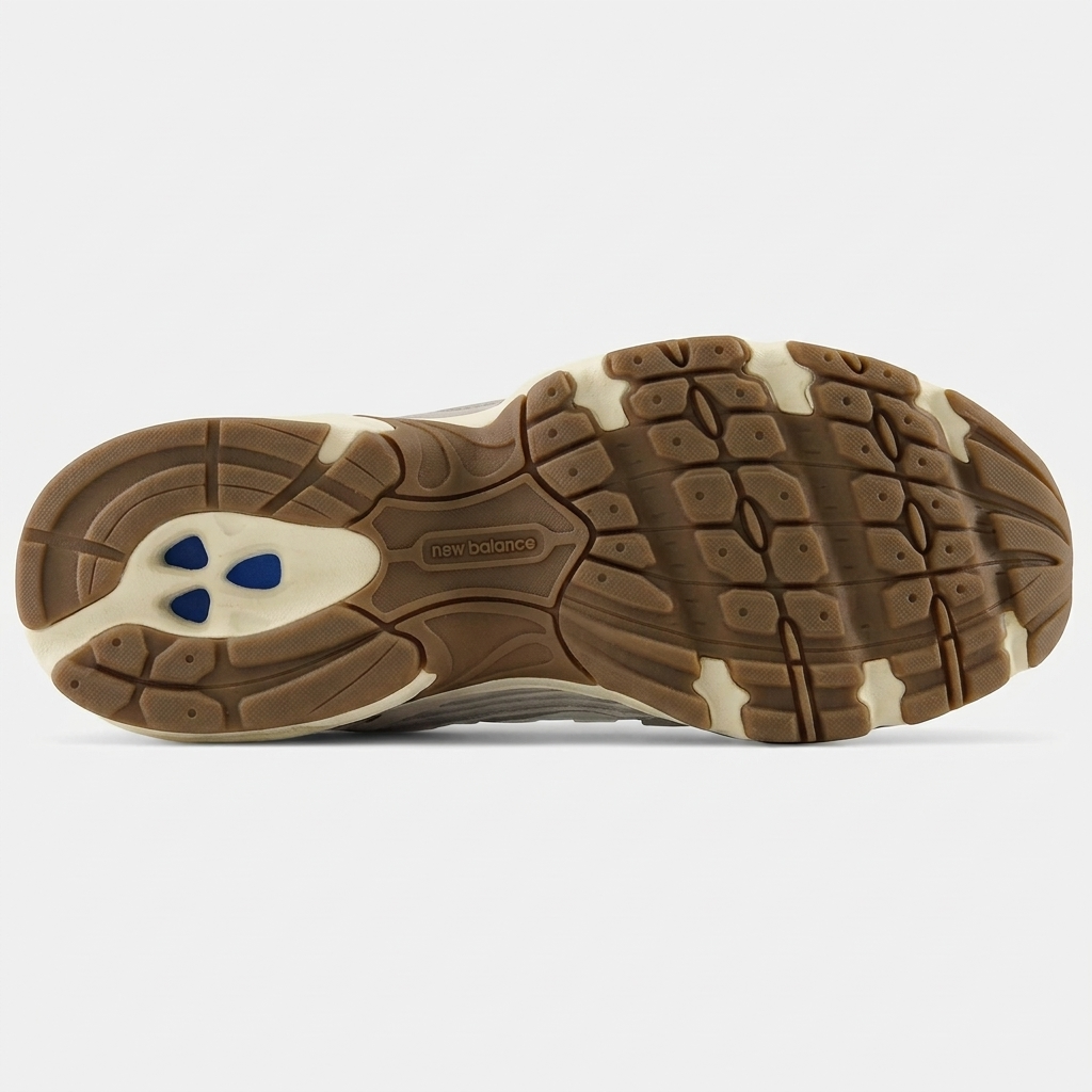 New Balance 530 Truffle Salt — sola exterior Sola do New Balance 530 Truffle Salt em castanho gum com detalhe azul no calcanhar