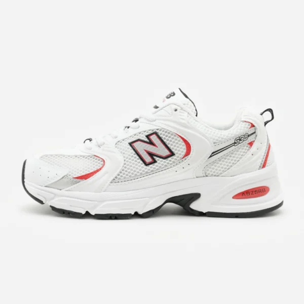 PÁGINA INICIAL New Balance 530 White Red, vista lateral com logótipo N vermelho e preto