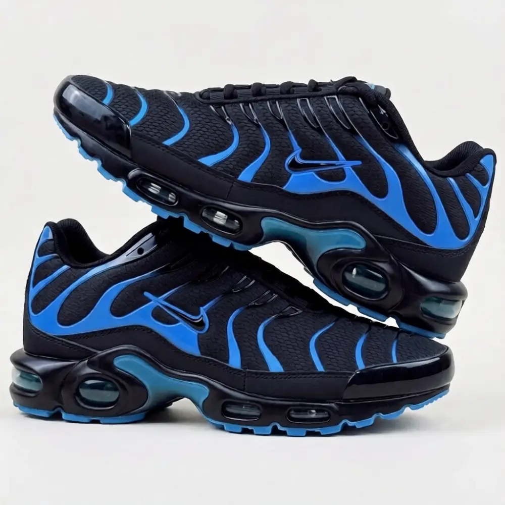 Nike Air Max Plus TN Preto e Azul Par de Nike Air Max Plus TN preto e azul, vista lateral cruzada