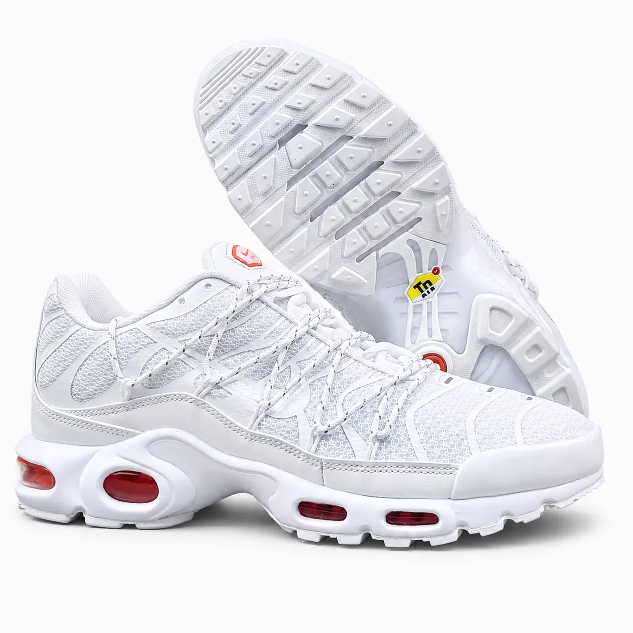 Nike Air Max Plus TN Branco Vermelho — Sola Tuned Air Sola do Nike Air Max Plus TN branco vermelho com câmaras de ar vermelhas