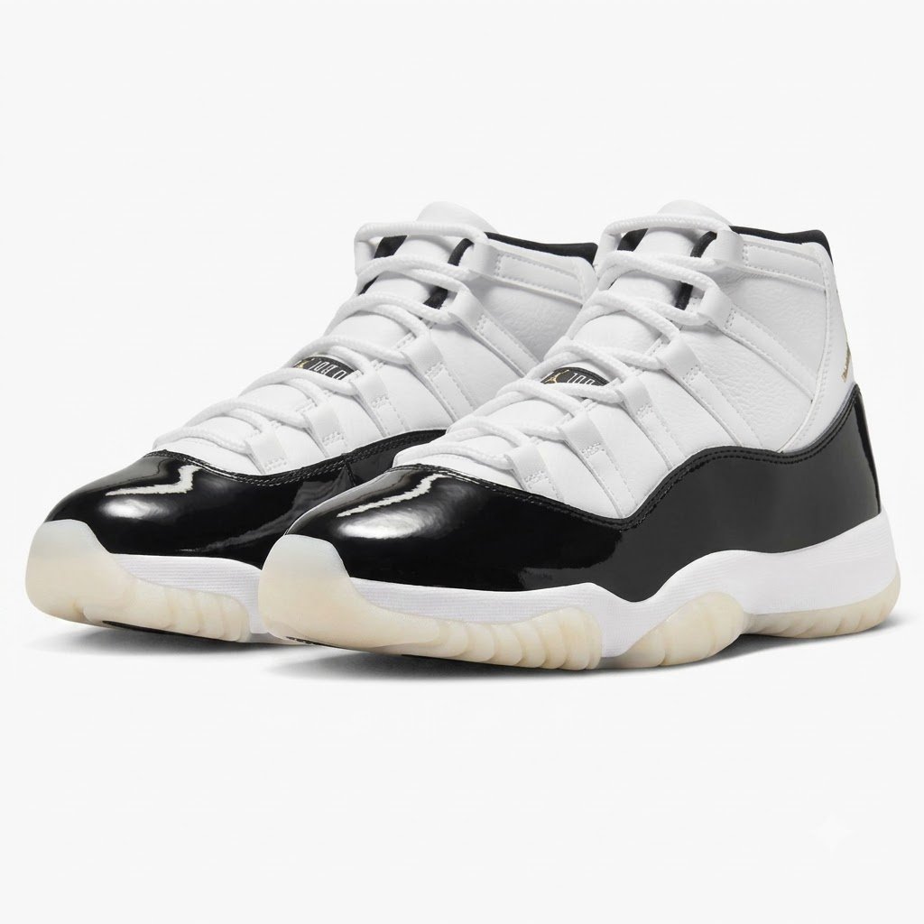 Jordan 11 Gratitude White Black Air Jordan 11 Gratitude com detalhes dourados