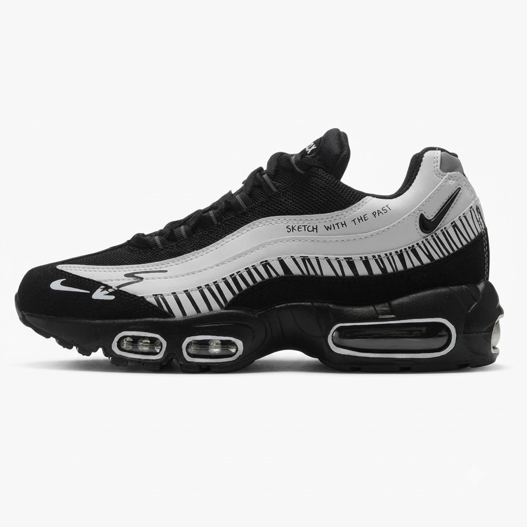 Nike Air Max 95 Sketch Preto e Branco. Nike Air Max 95 Sketch preto e branco vista frontal