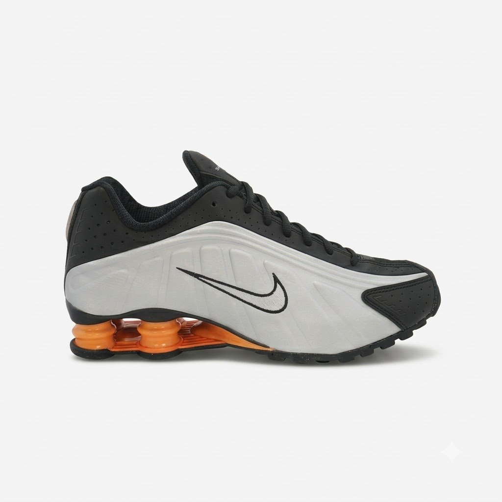Preto, prateado e laranja. Um Shox impossível de ignorar. Nike Shox R4 preto prateado e laranja com colunas Shox