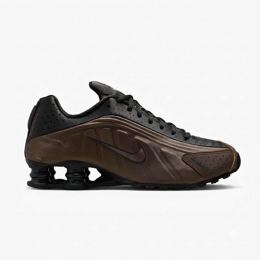 Nike Shox R4 preto e castanho escuro com colunas Shox Nike Shox R4 preto e castanho escuro com colunas Shox
