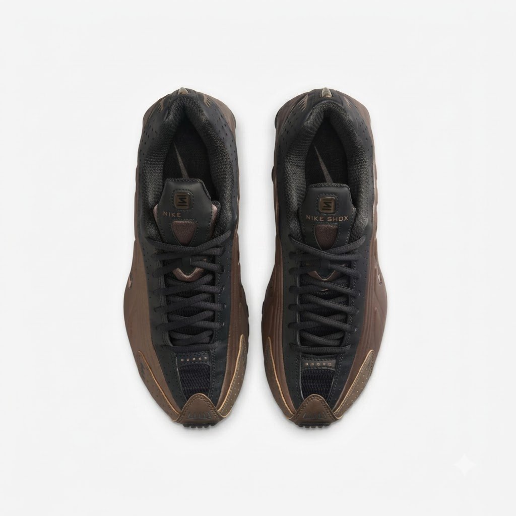 Design retro-futurista com personalidade. Ténis Nike Shox R4 Black Brown com design retro-futurista