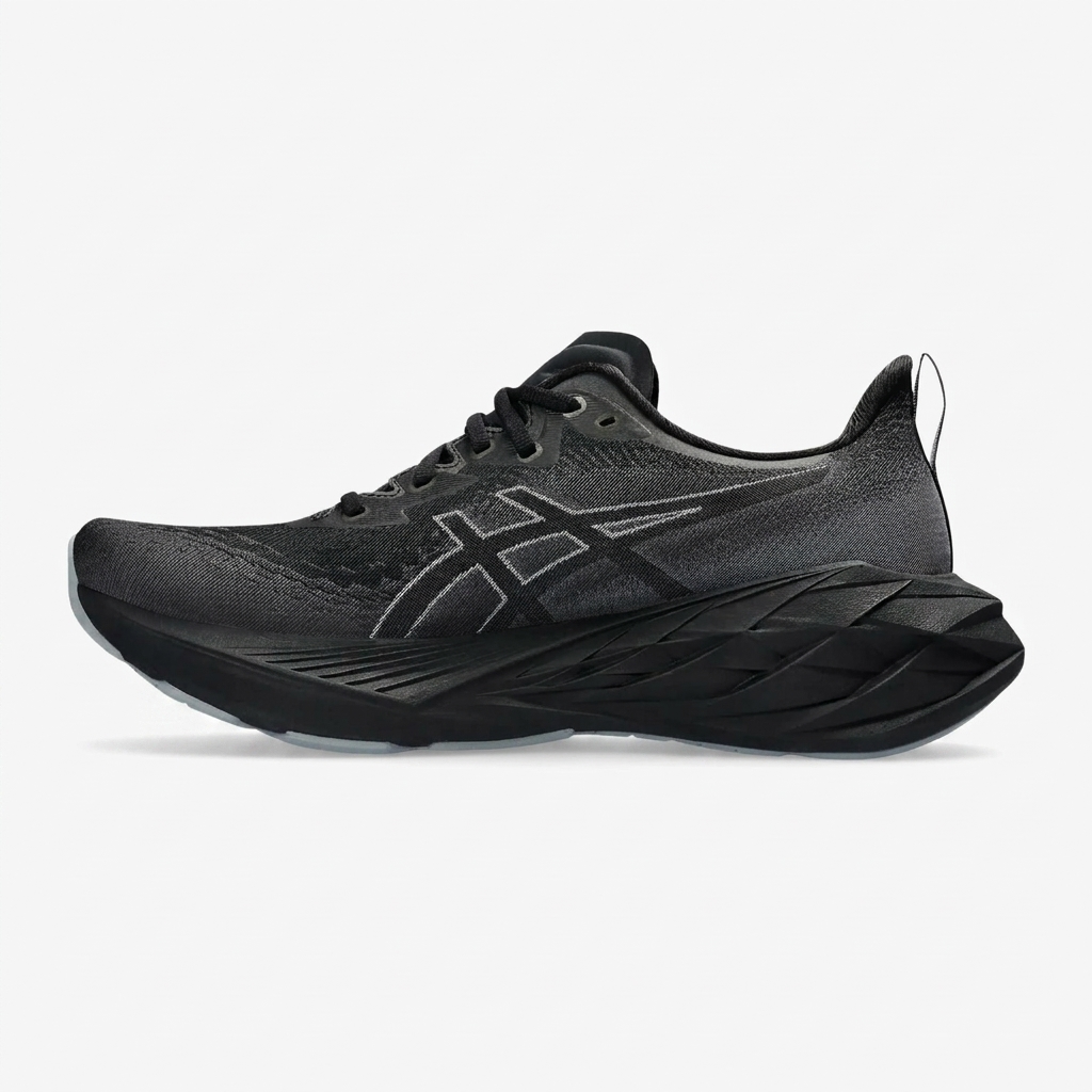 asics novablast 4 black graphite grey — vista lateral ASICS Novablast 4 na cor Black Graphite Grey, vista lateral evidenciando a entressola FF BLAST+ ECO