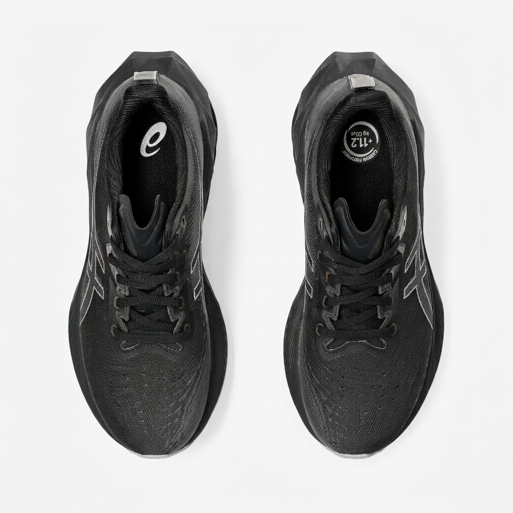 asics novablast 4 — vista frontal (1) Parte frontal do ASICS Novablast 4 preto e cinzento com haste em malha tecida