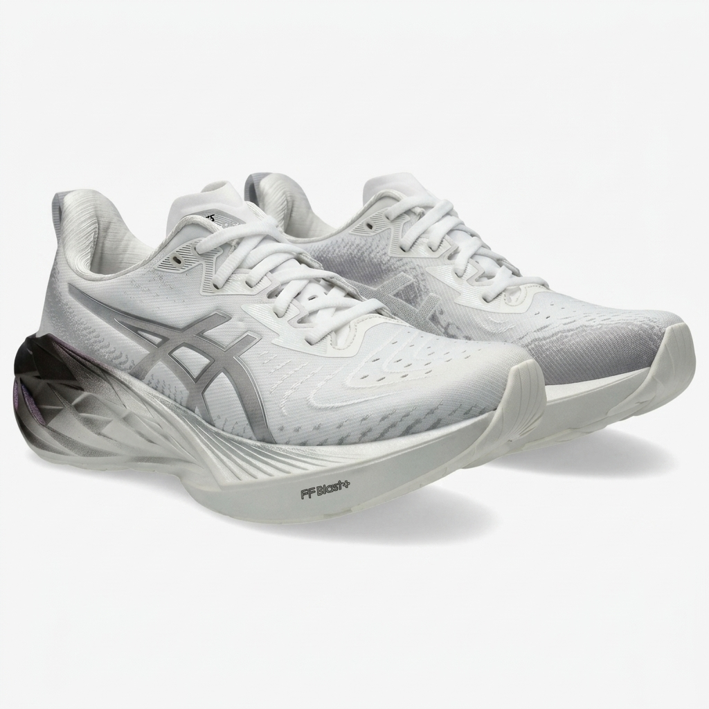 asics novablast 4 — vista frontal Parte frontal do ASICS Novablast 4 branco e prateado com haste em malha tecida