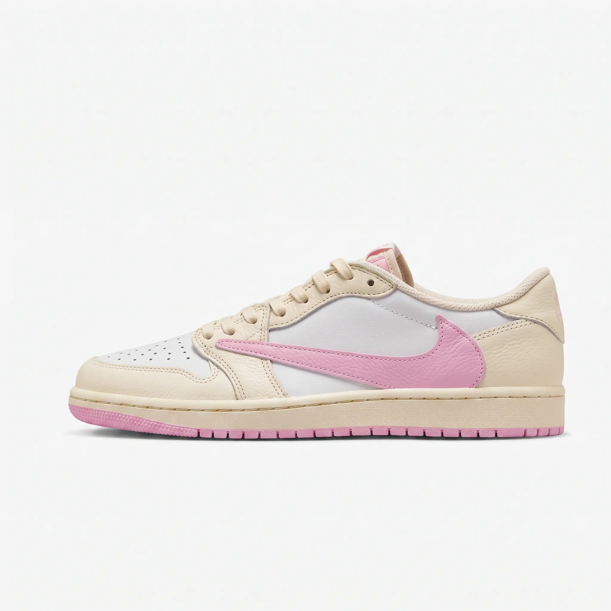 Air Jordan 1 Low Cactus Jack Shy Pink — Perfil Lateral Air jordan 1 low cactus jack rosa vista de perfil com swoosh invertido
