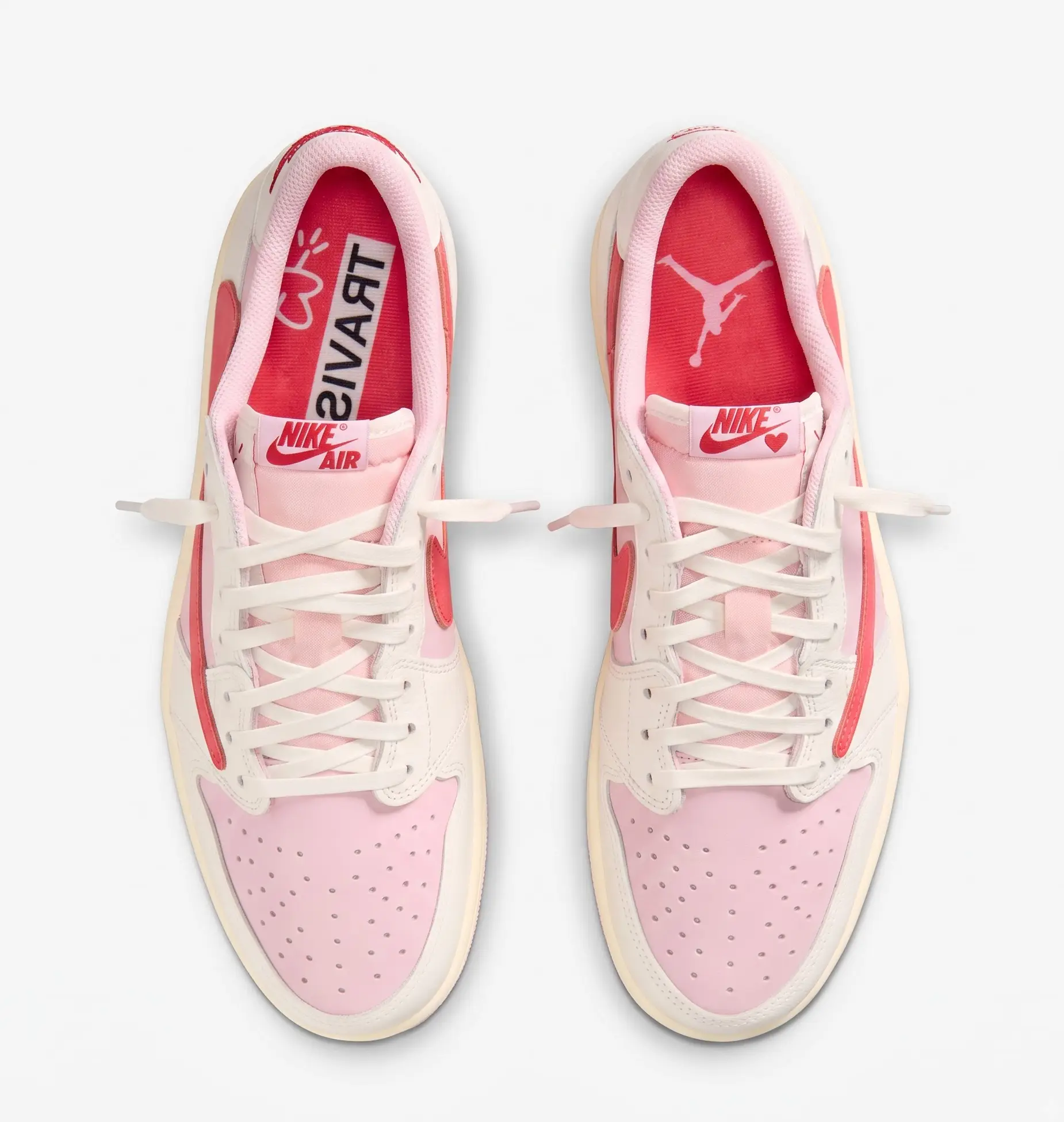 Air Jordan 1 Low Travis Scott Tropical Pink — Vista Superior Par de Air Jordan 1 Low Travis Scott rosa vista de cima com língua invertida
