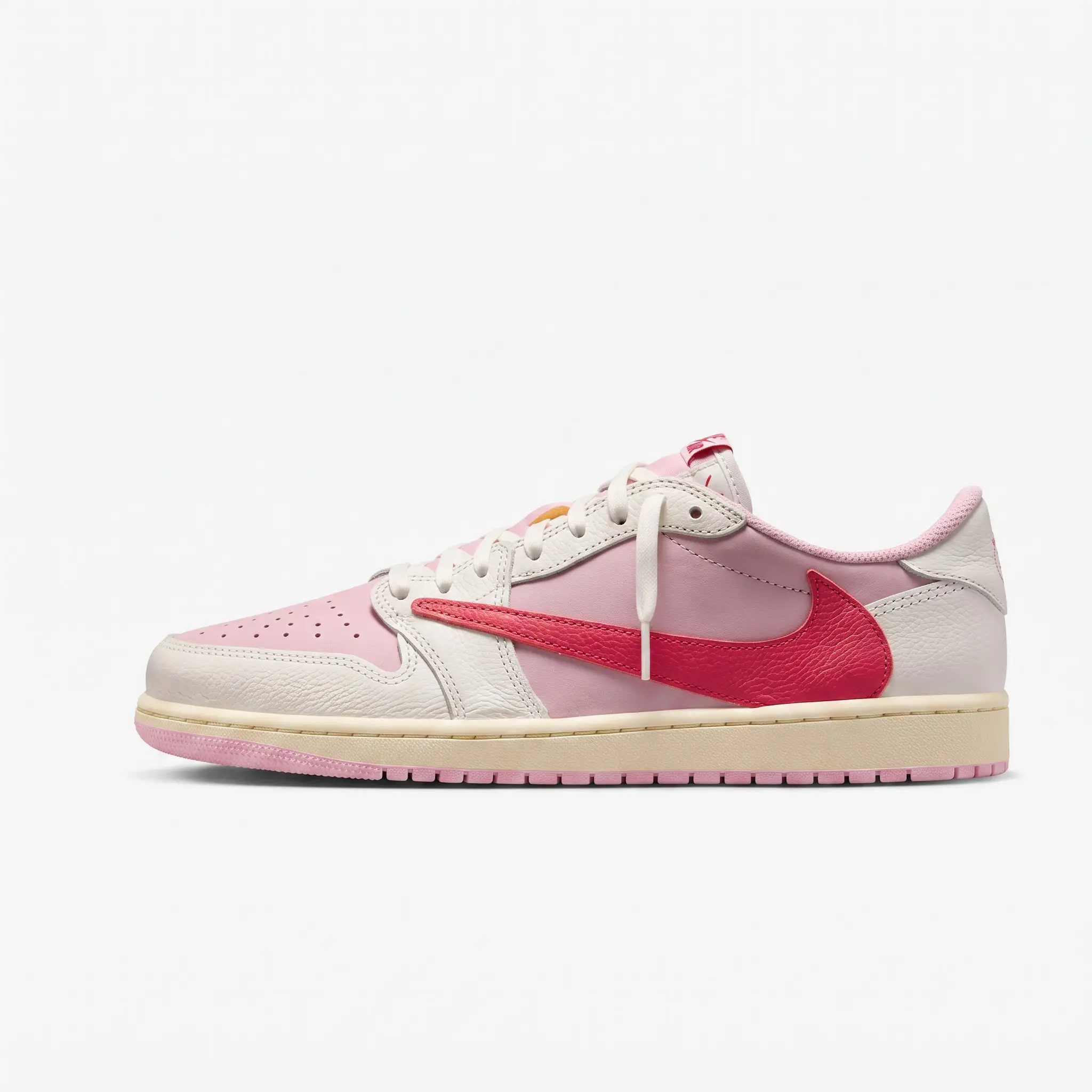 Air Jordan 1 Low Travis Scott Tropical Pink — Perfil Completo Air Jordan 1 Low Travis Scott rosa vista de perfil lateral completo