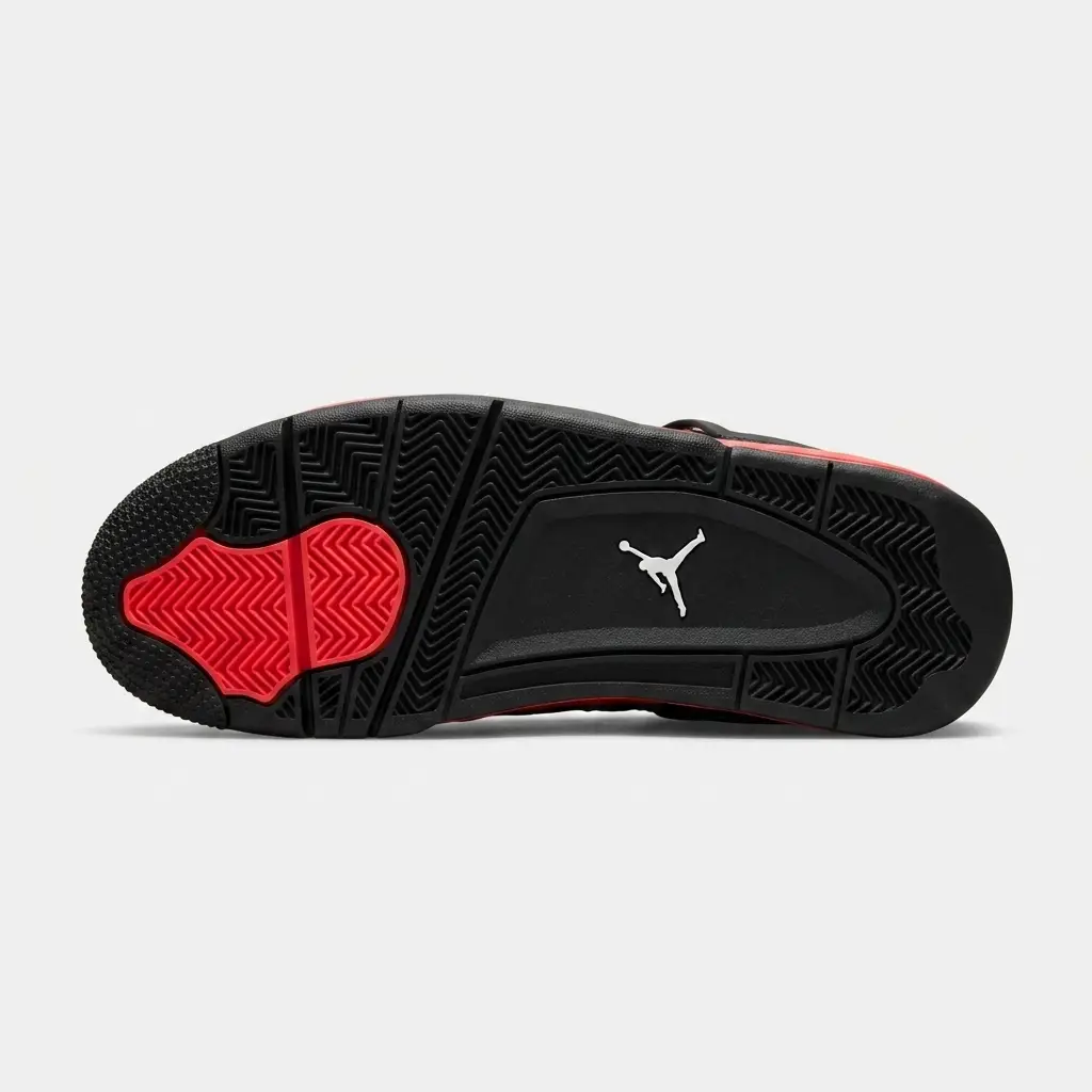 Air Jordan 4 Retro Red Thunder — contraste marcante entre preto e vermelho. air jordan 4 retro red thunder vista de sola