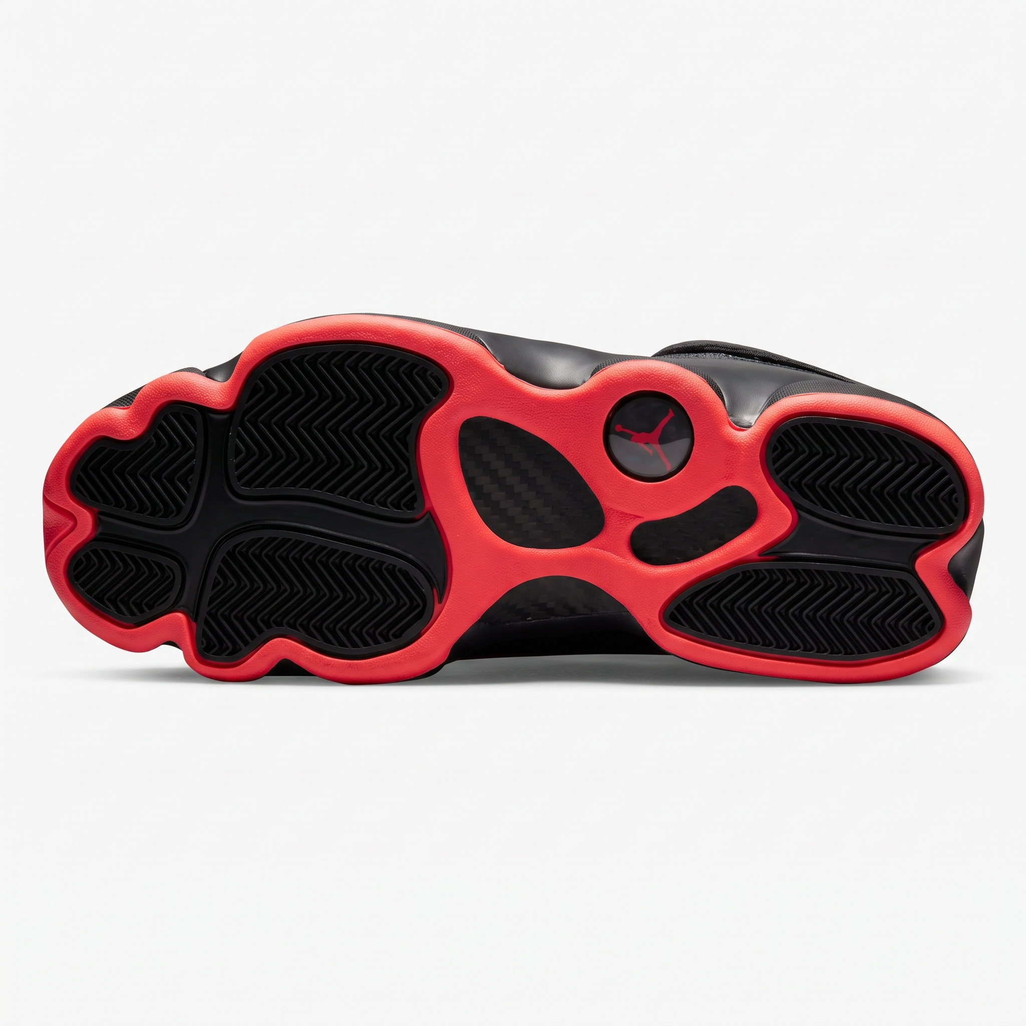 Jordan 6 Rings Black Infrared — sola exterior Sola do Jordan 6 Rings Black Infrared em preto e vermelho com detalhe em fibra de carbono